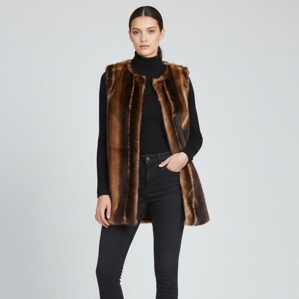 BETSEY JOHNSON Faux Fur Vest Brown Striped Boho Mob Wife Shag Gilet Women's S
